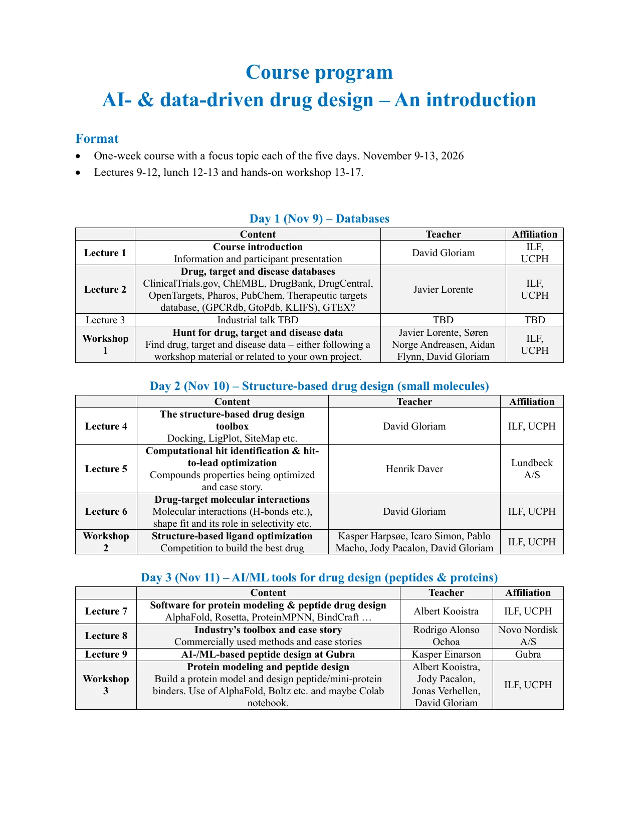 Course programme, page 1: format and Days 1 to 3